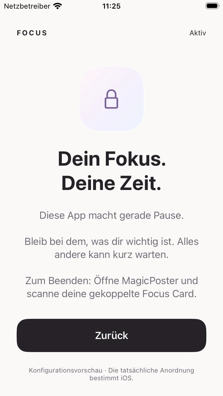Native Konfigurationsvorschau der FOCUS-Sperransicht mit Hinweis zum Kartenscan