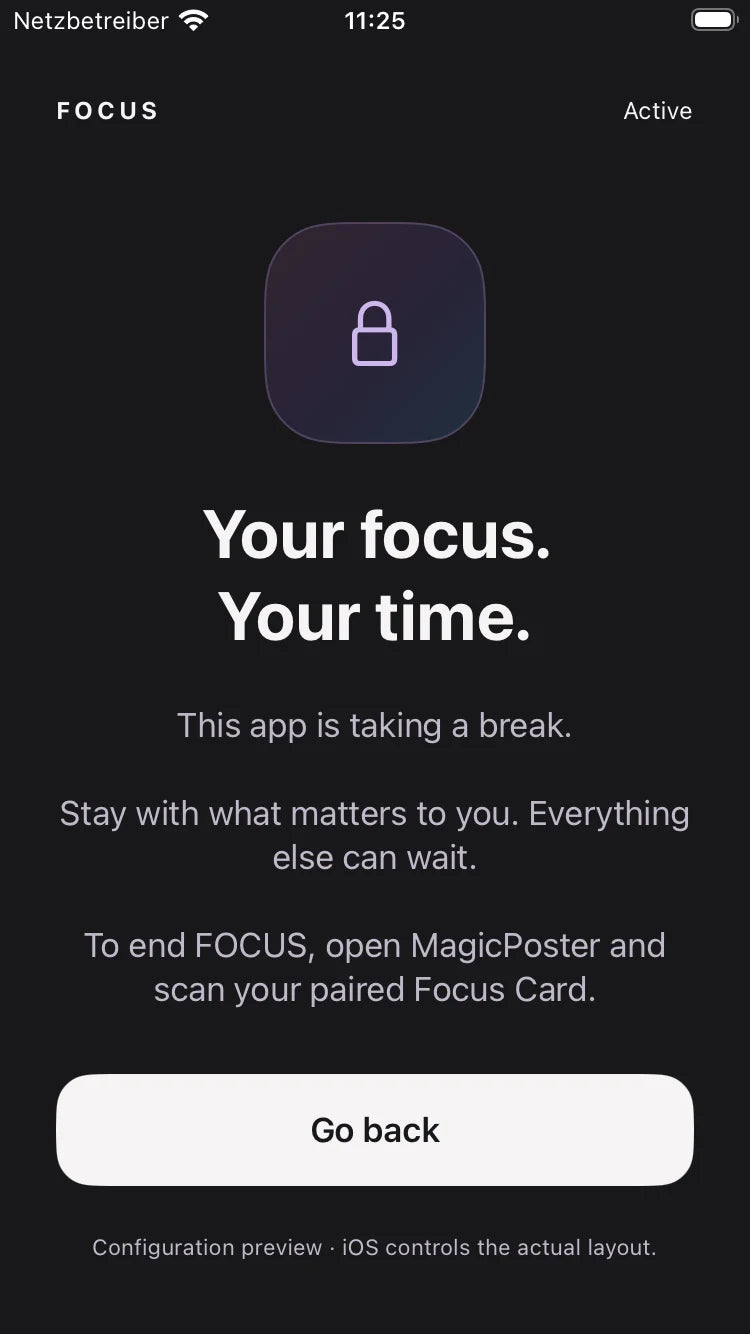 Native configuration preview of the FOCUS shield with card-scan instructions