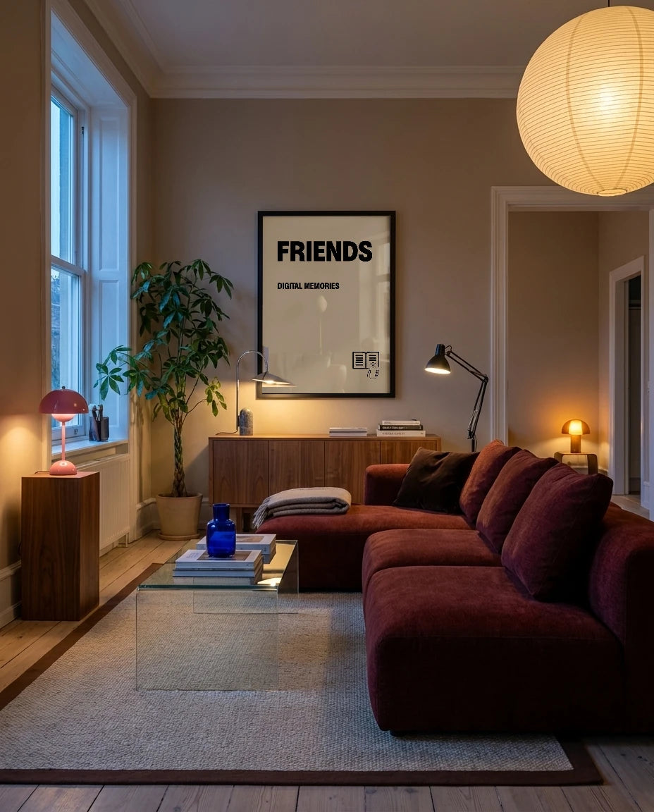 Framed mountain photograph in a bright interior