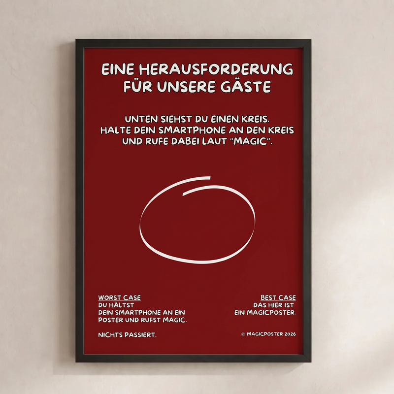 Sag Magic!: rotes NFC-Poster mit weißem Kreis und Herausforderung für Gäste im schwarzen Rahmen