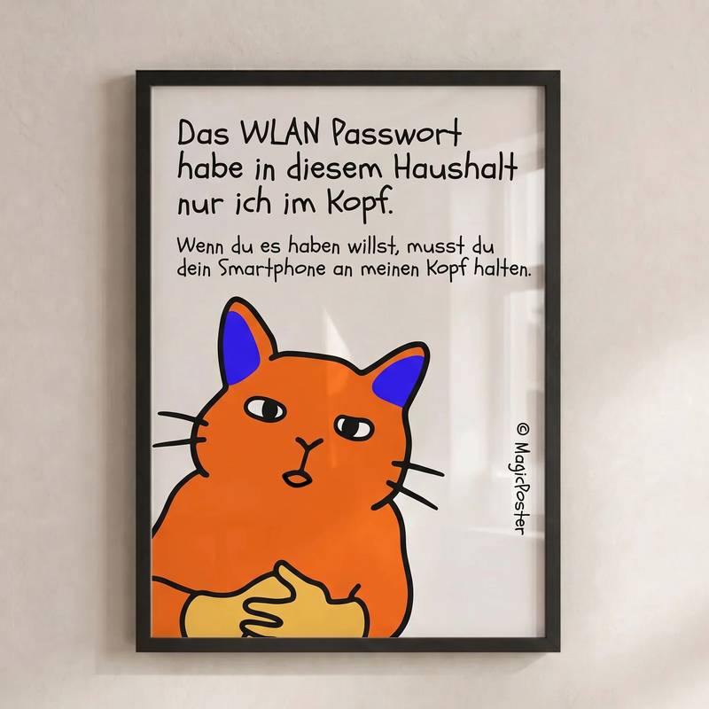 WLAN-Katze: orangefarbene Katze mit deutschem WLAN-Spruch als NFC-Poster im schwarzen Rahmen