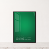 Velvet Green · True Wealth. Foto di riferimento: 50 × 70 cm in una cornice nera su marmo chiaro.