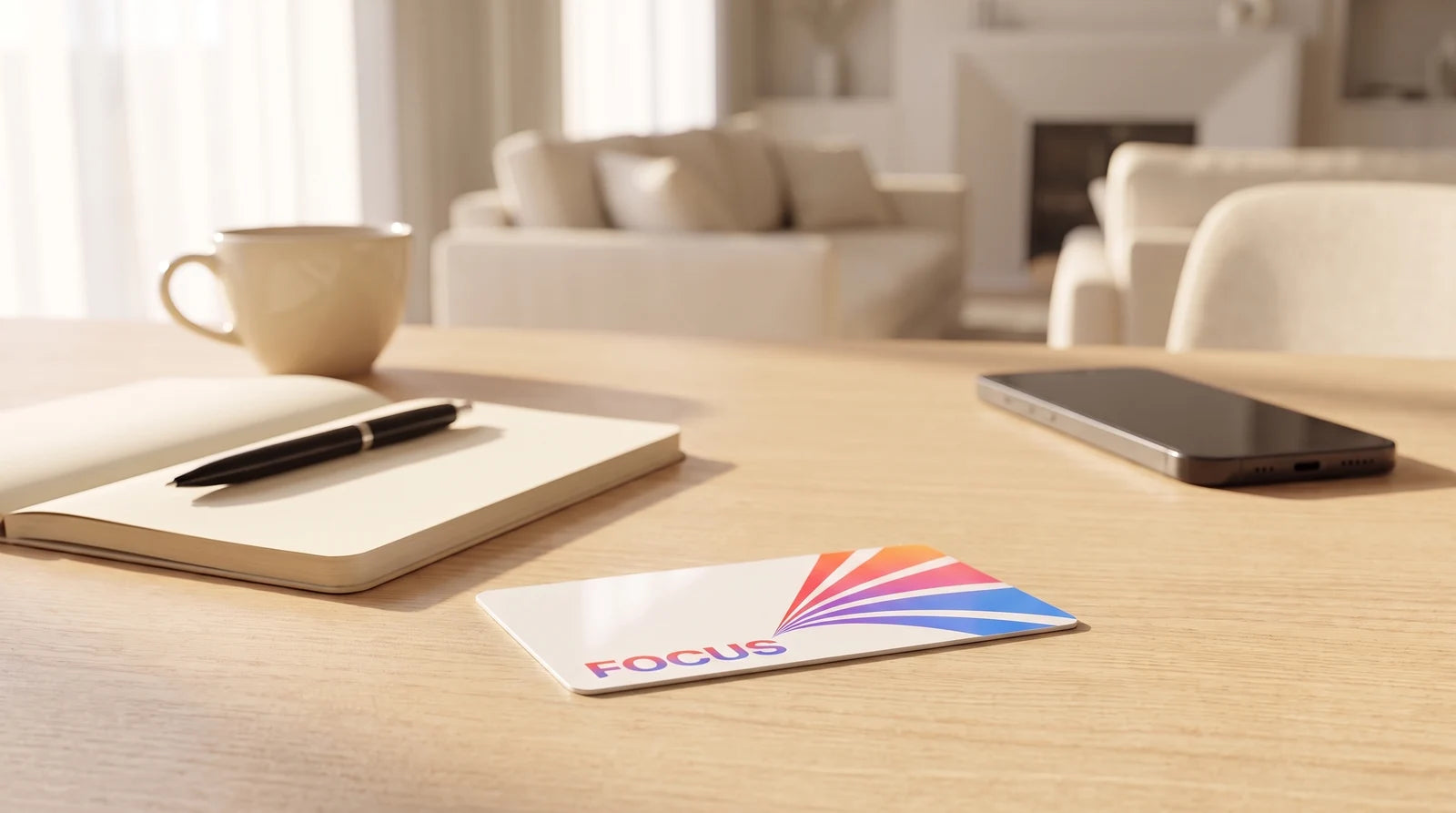 Focus Card on a light desk beside a notebook and phone