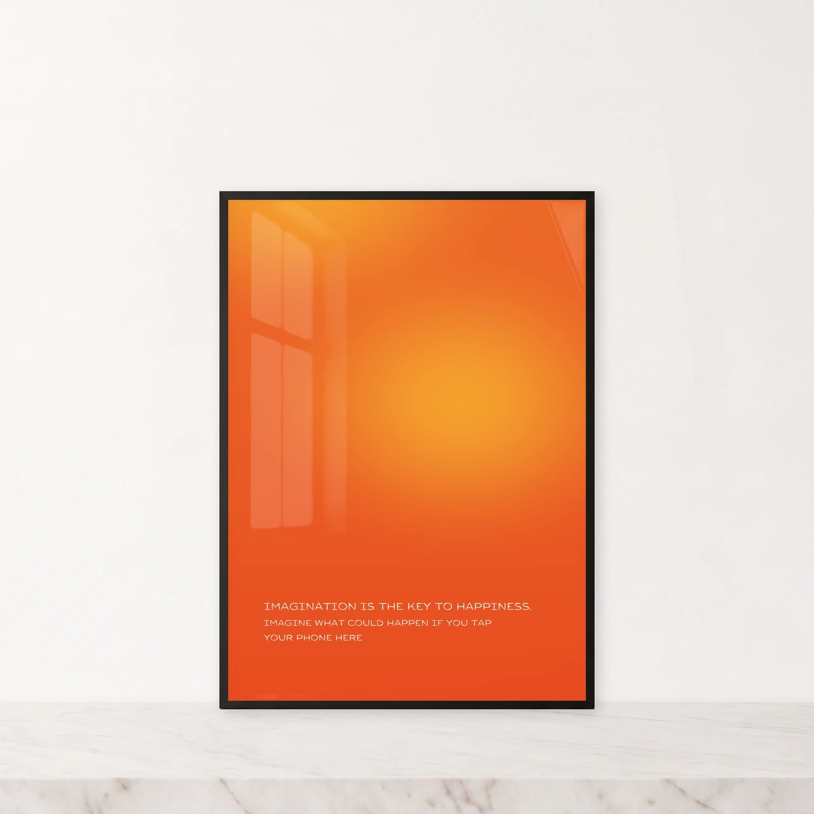 Amber Glow · Imagination. Reference photo: 50 × 70 cm in a black frame on light marble.