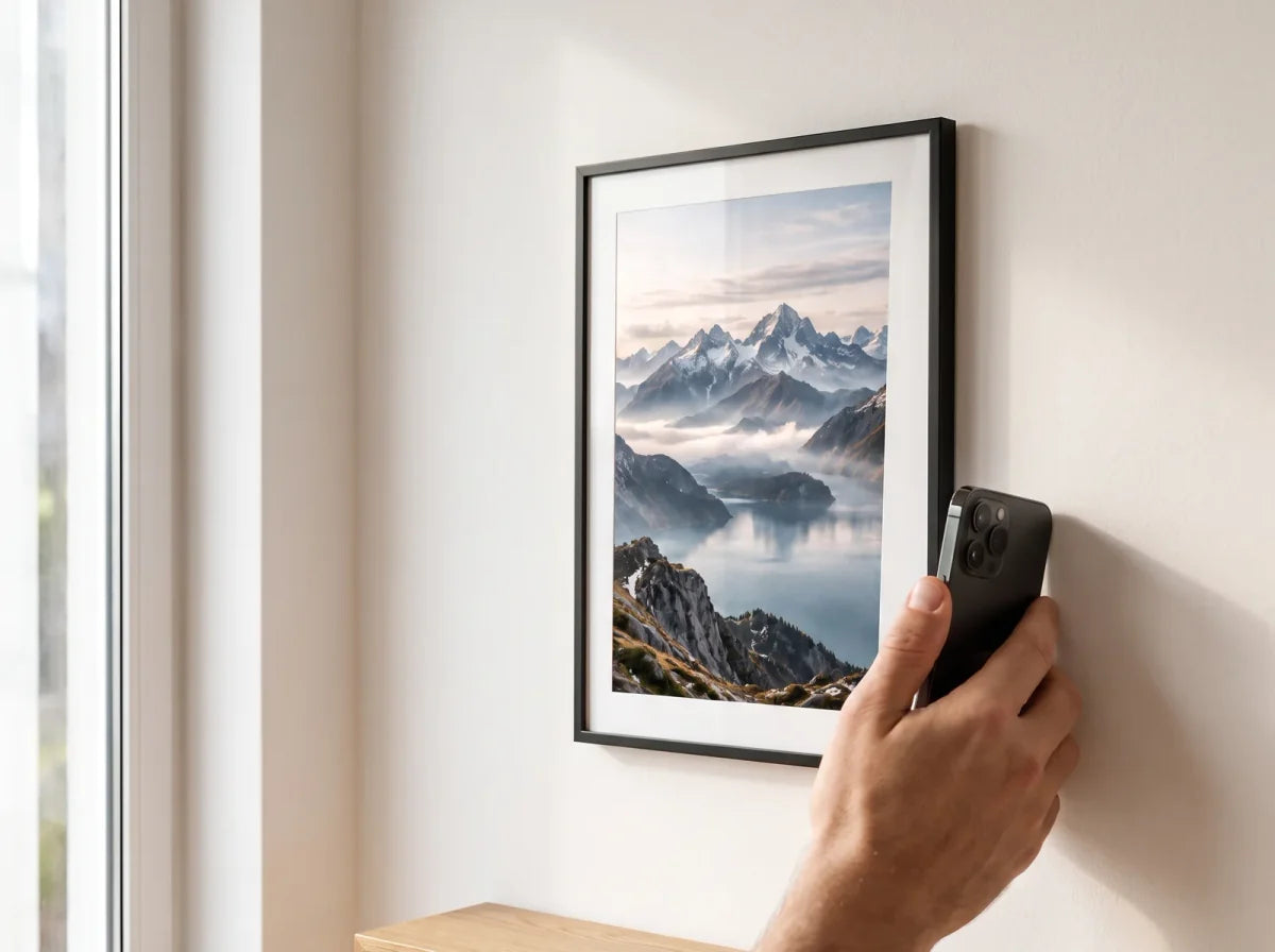 Phone held near a framed picture