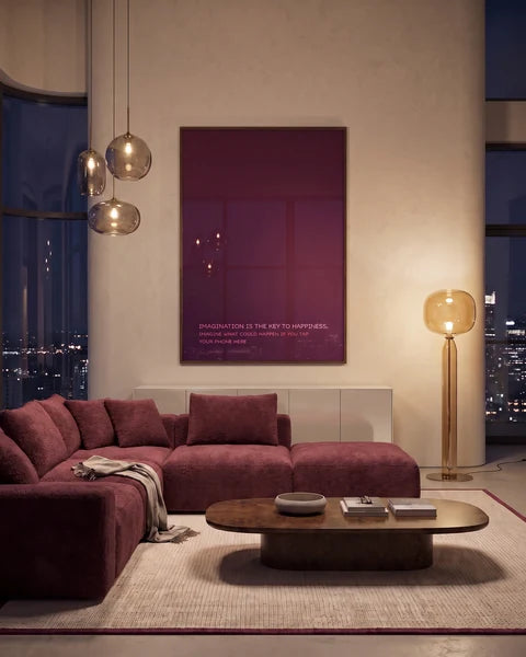 Merlot Skyline · MagicPoster in a coordinated interior, filling the frame edge to edge with visible light reflections.