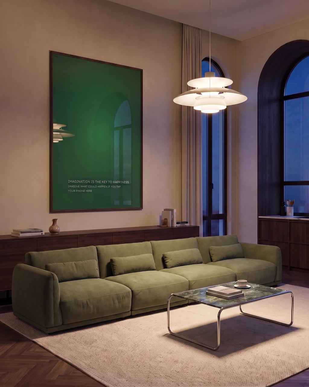 MagicPoster in a coordinated interior, filling the frame edge to edge with visible light reflections.