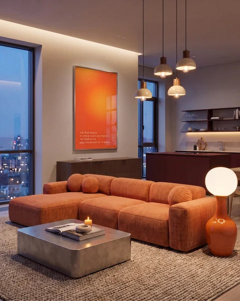 Copper Penthouse · MagicPoster in a coordinated interior, filling the frame edge to edge with visible light reflections.